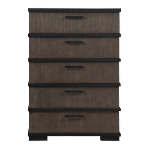 English Elm Two-Tone Modern Industrial Chest with Five Spacious Drawers Oak Veneer Texture and Bold Bar Hardware Black,Brown Gray 43.75 L x 21.5 W x 60.25 H B011P242393
