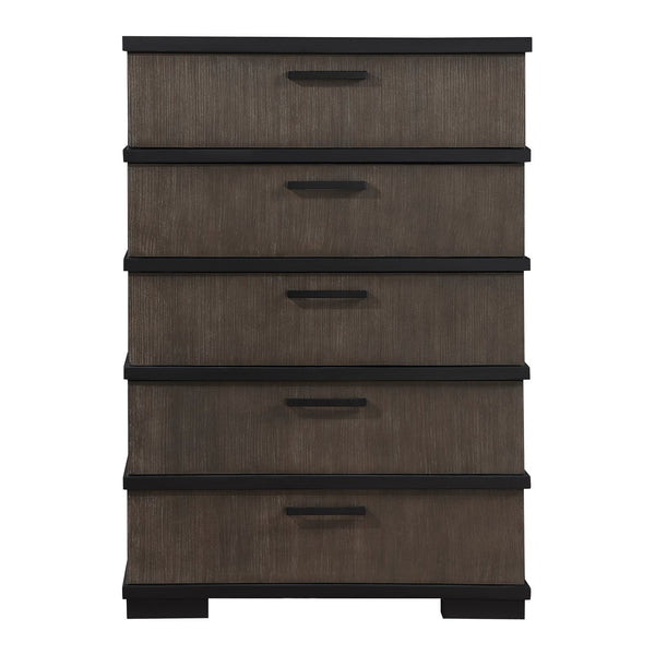 English Elm Two-Tone Modern Industrial Chest with Five Spacious Drawers Oak Veneer Texture and Bold Bar Hardware Black,Brown Gray 43.75 L x 21.5 W x 60.25 H B011P242393