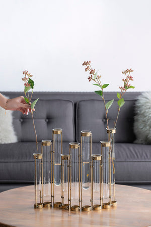 English Elm 17.7x1.8x13.8 Nine Vial Sculptural Floral Display Bronze Iron Frame Mantel Accent W2078P423054