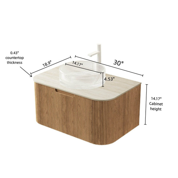 English Elm Muri Floating Bathroom Vanity Plywood Cabinet Sintered Stone Top Oak Drawer Beige,Natural Wood,Transparent W2615S00350