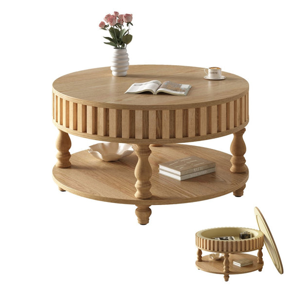 English Elm Farmhouse Fluted Square Coffee Table with Flip Top Hidden Compartment and Open Shelf Natural Wood W1445P370481