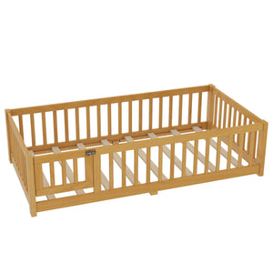 English Elm Twin Twin Size Floor Bed with Safety Guardrails and Playful Door for Kids, Pine/Plywood, Low Profile Natural W1580P338949