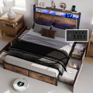 English Elm Queen Metal Platform Bed with Rgb Led Headboard Charging Station and Underbed Storage T3963P482749
