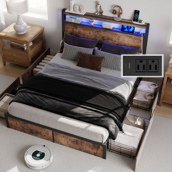 English Elm Queen Metal Platform Bed with Rgb Led Headboard Charging Station and Underbed Storage T3963P482749