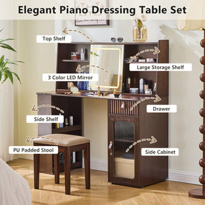 English Elm Elegant Walnut Makeup Vanity with Sliding 3-Color LED Mirror, Large Shelves, Fluted Drawer & Cabinet N844P257533W