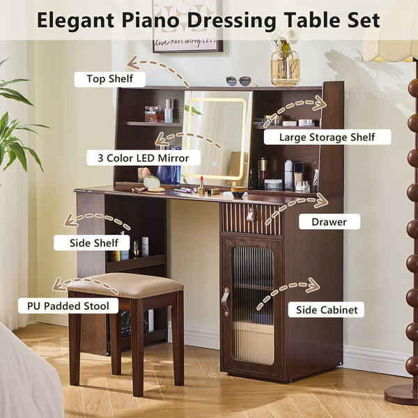 English Elm Elegant Walnut Makeup Vanity with Sliding 3-Color LED Mirror, Large Shelves, Fluted Drawer & Cabinet N844P257533W