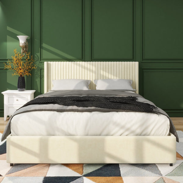 English Elm Same Anna Patented 2-Drawer Queen Storage Bed In Ivory Velvet - Modern Wingback Design With Support B191P191592-GIGA