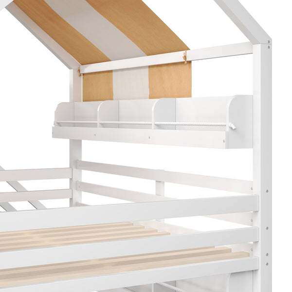 English Elm Full Size Wood Loft Bed with Canopy Slide and Built in Bookshelves for Kids White N7090005021K