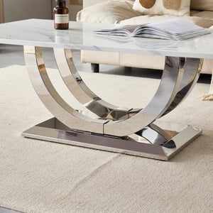 English Elm 50.4 Inch Rectangular Coffee Table Marble Mdf Top Sculptural Steel Arc Base Modern W3357P395502