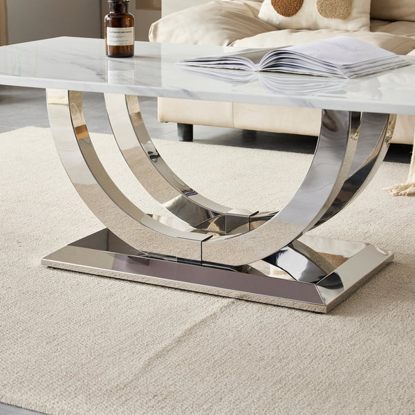 English Elm 50.4 Inch Rectangular Coffee Table Marble Mdf Top Sculptural Steel Arc Base Modern W3357P395502