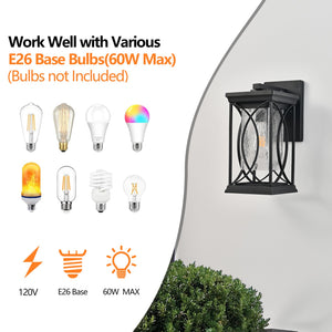 English Elm 14"(H) Black Outdoor Wall Lantern with Crackled Glass - Weatherproof Modern Porch Sconce, E26 Ready, Durable Metal Frame W2312P374978