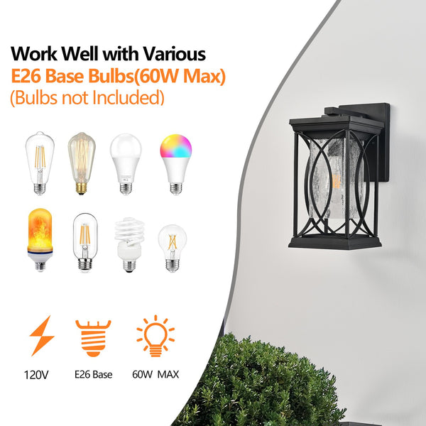 English Elm 14"(H) Black Outdoor Wall Lantern with Crackled Glass - Weatherproof Modern Porch Sconce, E26 Ready, Durable Metal Frame W2312P374978
