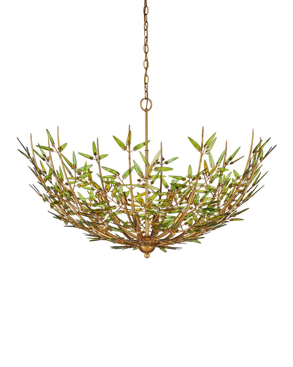 Currey & Company Babylon Chandelier - Elegant Bowl Design With Recycled Glass Leaves In Contemporary Gold Finish Green Recycled Bottle Glass ,Wrought Iron 9000-1308-currey-company