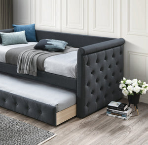 English Elm 1pc Button Tufted Burlap Daybed with Pull Out Trundle Contemporary Guest Room B011S02045