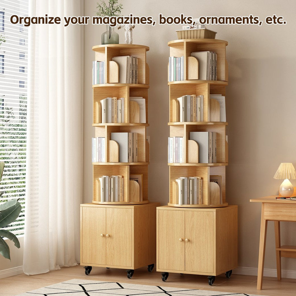English Elm Rotating 5-Tier Corner Bookshelf with Drawer — 360° Rotating Narrow Wood Organizer for Small Spaces (NW) W2641P375499