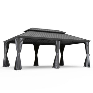 English Elm 14' X 20' Hardtop Gazebo – Stylish Metal Canopy With Drainage System, Privacy Curtains & Insect Netting W1859S00151