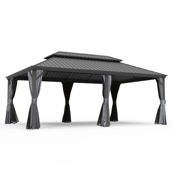 English Elm 14' X 20' Hardtop Gazebo – Stylish Metal Canopy With Drainage System, Privacy Curtains & Insect Netting W1859S00151