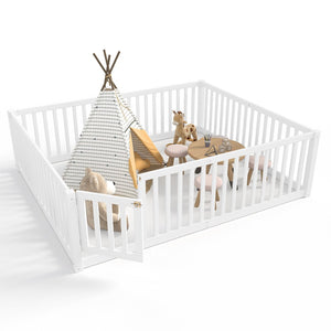 English Elm Queen Kids Floor Bed Pine Wood Frame with Safety Rails Door and Low Profile Design Light White W1580P417672