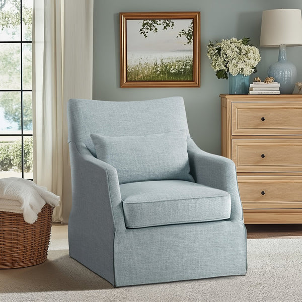 JLA Home Martha Stewart - London Upholstered Skirted Swivel Armchair by Martha Stewart — Linen-Look Fabric, 360° Quiet Rotation, Plush Lumbar Support Light Blue MT103-0170