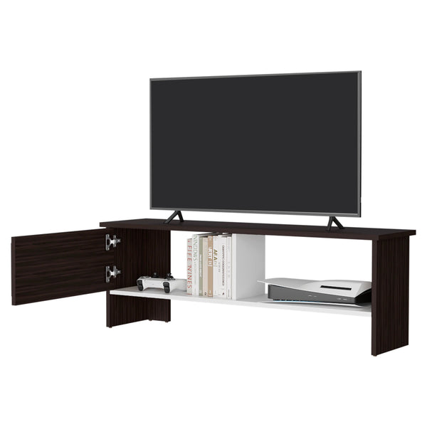 English Elm Walnut Stained Media Console with White Accents, 2-Shelf Open Storage and Single Door Organizer B062P290231