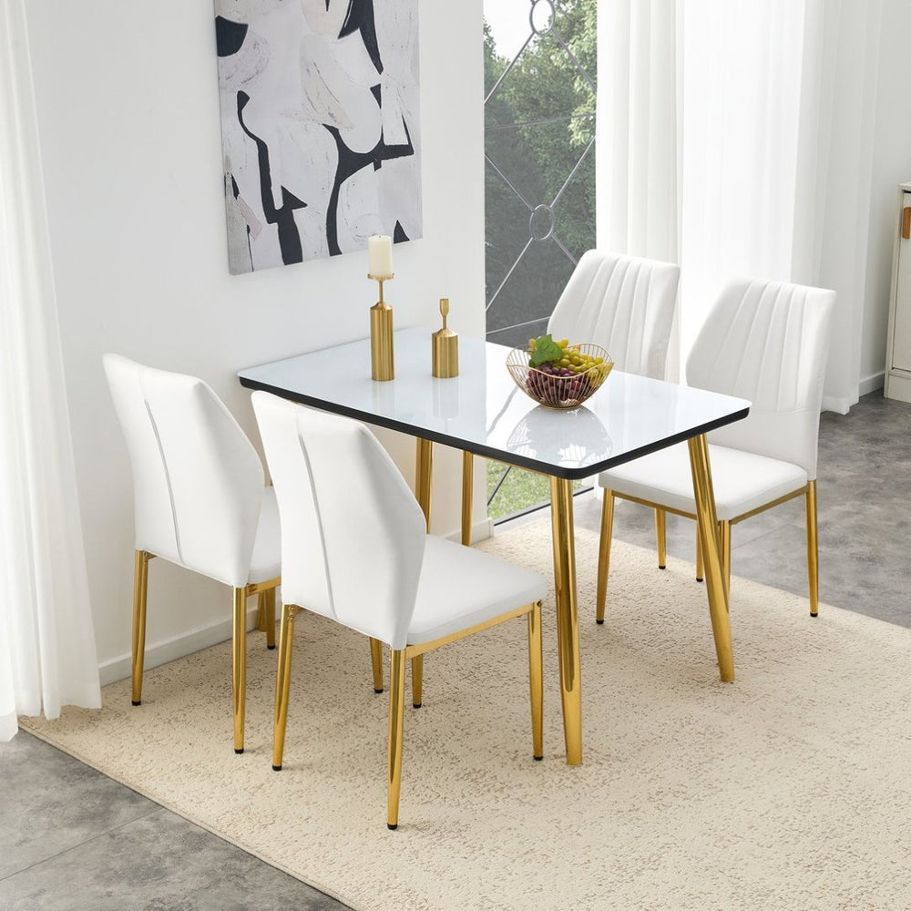 English Elm Table and Chair Set Marble Glass Top Gold Leg Modern Glam Dining Room 5 Piece W1151S04653