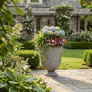 English Elm Polyresin Outdoor Garden Urn with Roman Column Base Antique European Terrace Planter N772P450054G