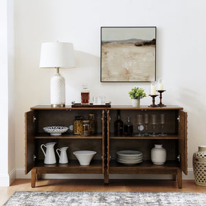 English Elm 60.5'' Buffet Cabinet with Fluted Geometric Doors, Mid-Century Sideboard with Adjustable Shelves & Outlet Holes Walnut Brown W1801P288506