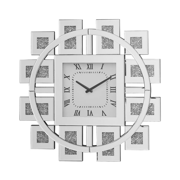 English Elm Wall Clock Mirrored Square with Beveled Edge, Faux Gemstone Inlay, Roman Numerals Quartz Silent Decor W1005P189767