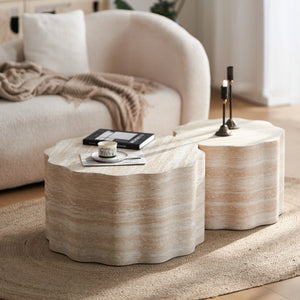English Elm Set of 2 Round Coffee Tables Beige Brown Faux Mars Pattern MDF, Space-Saving Modern Accent Tables W3040P382320
