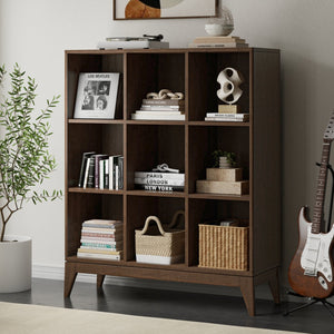 English Elm Harper Walnut Brown 9-Cube Storage Cabinet – Handcrafted Wood, Tapered Legs, Versatile Display & Organizing B136P238623