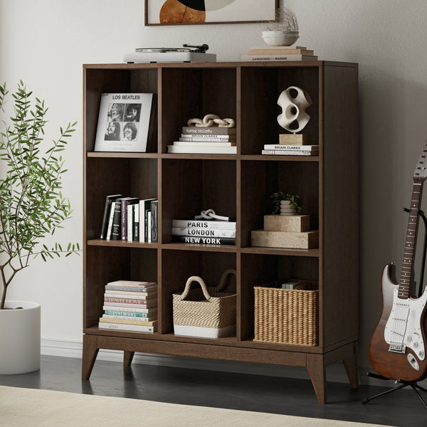 English Elm Harper Walnut Brown 9-Cube Storage Cabinet – Handcrafted Wood, Tapered Legs, Versatile Display & Organizing B136P238623