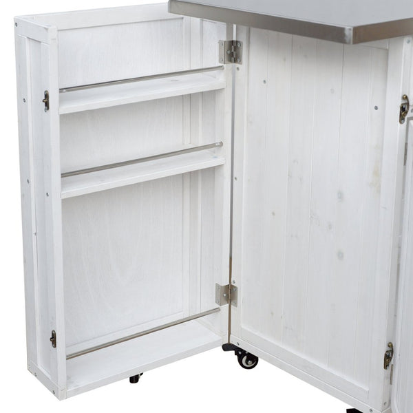 English Elm Foldable Outdoor Kitchen Cart with Stainless Worktop Fir Wood Frame and Lockable Wheels White N719P380278K