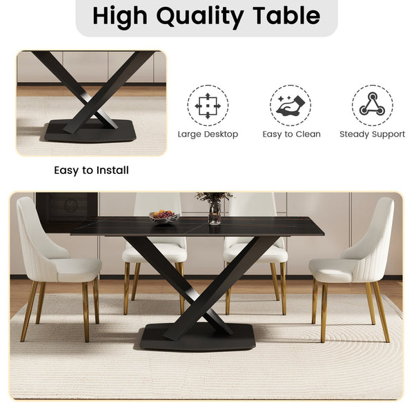 English Elm 63" Modern Sintered Stone Dining Table with Durable X-Leg Iron Base, Seats 6, 400 lb Capacity Black,White W1535S00531
