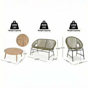 English Elm Nusa Outdoor Pe Rattan Conversation Set with Acacia Wood Coffee Table Patio Green,Natural NUSA4PCSET-GRN