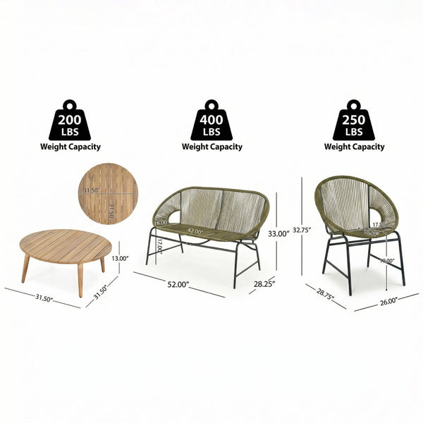 English Elm Nusa Outdoor Pe Rattan Conversation Set with Acacia Wood Coffee Table Patio Green,Natural NUSA4PCSET-GRN
