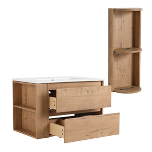 English Elm 30" Wall-Mounted Bathroom Vanity With Ceramic Sink, 2 Soft-Close Drawers & Space-Saving Rack W999S00343