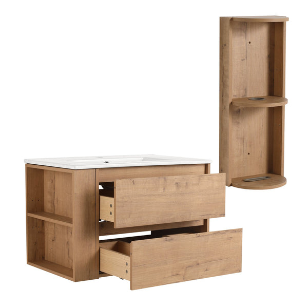 English Elm 30" Wall-Mounted Bathroom Vanity With Ceramic Sink, 2 Soft-Close Drawers & Space-Saving Rack W999S00343