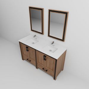 English Elm Rustic Barnwood Double Bath Vanity 60" W with White Quartz Top, Chrome Faucets, 22" Mirrors, Durable Finish B2731S01128
