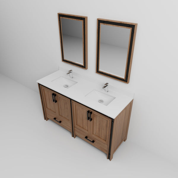 English Elm Rustic Barnwood Double Bath Vanity 60" W with White Quartz Top, Chrome Faucets, 22" Mirrors, Durable Finish B2731S01128