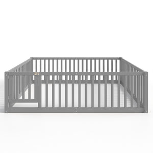 English Elm Queen Kids Floor Bed Pine Wood Frame with Safety Rails Door and Low Profile Design Gray W1580P418053