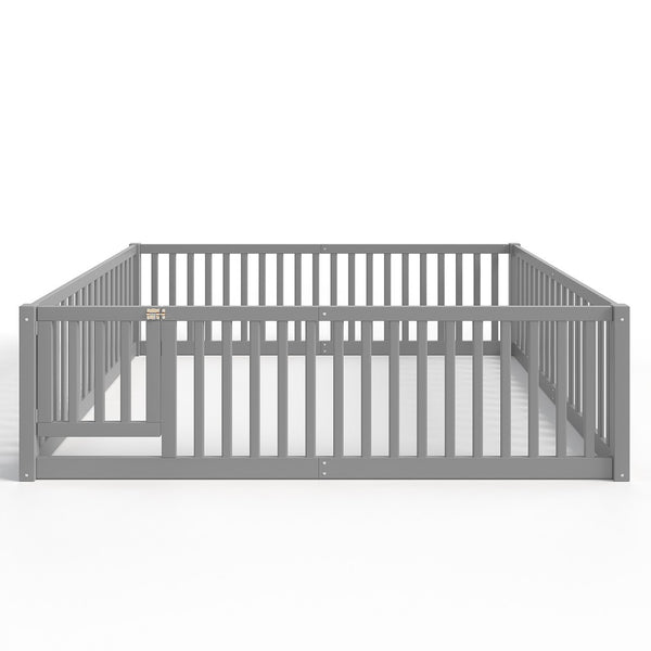 English Elm Queen Kids Floor Bed Pine Wood Frame with Safety Rails Door and Low Profile Design Gray W1580P418053