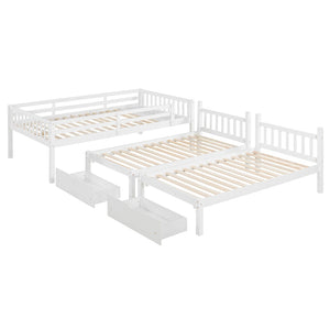 English Elm Full Over Twin Triple Bunk Bed Pine Wood Frame with Storage Drawers and Guardrails LT000343AAK-1