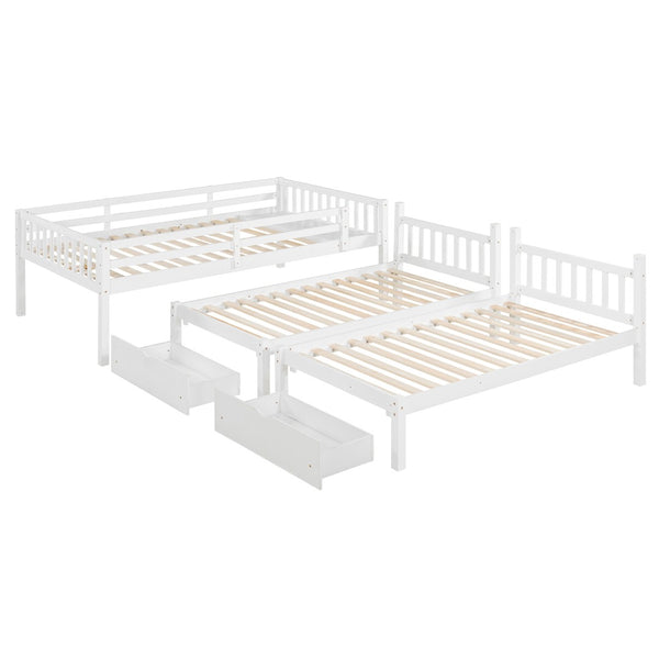 English Elm Full Over Twin Triple Bunk Bed Pine Wood Frame with Storage Drawers and Guardrails LT000343AAK-1