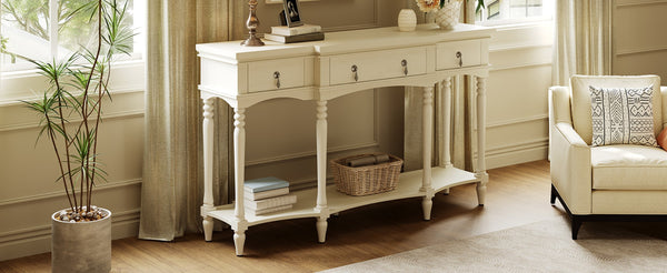 English Elm [video] Solid Pine Console Table Ornate Carved Legs Copper Hardware Soft-close Drawers White N759P433566K