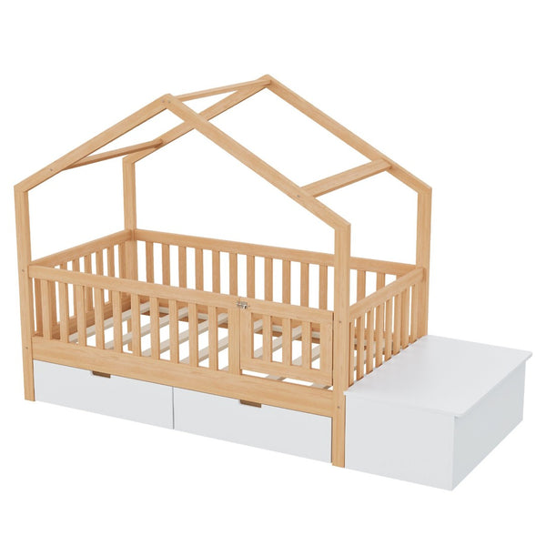 English Elm Toddler Playhouse Bed Solid Pine Frame with Storage Drawers Safety Gate Kids Room N899P429858N