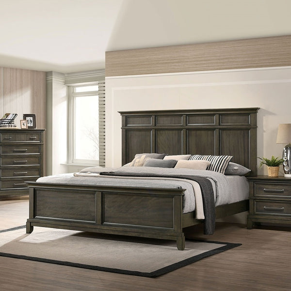 English Elm Bedroom Wooden Queen Bed with High Panel Headboard, Gold Trim Accent, Modern Luxury Design Gray 71 L x 38 W x 9 H B2741S00754