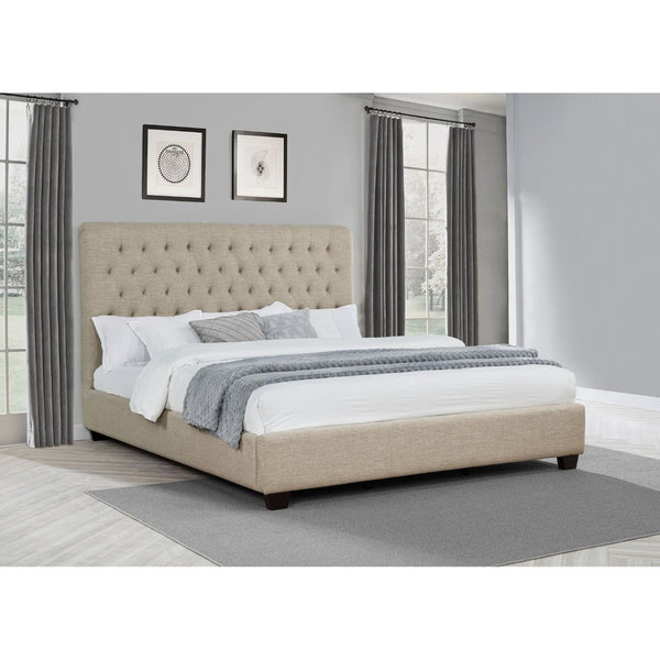 English Elm Oatmeal Tufted Upholstered California King Bed Espresso Birch Legs Open Silhouette B062S01846