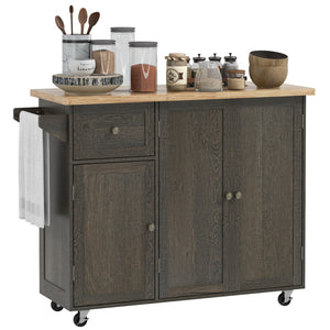 English Elm HOMCOM Rustic Rolling Kitchen Island Cart with Butcher Block Top, Drawer, 2 Cabinets & Towel Rack W2225P200933