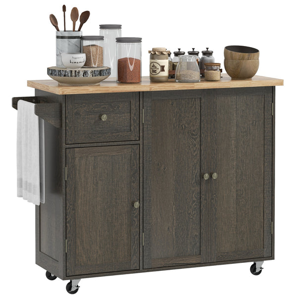 English Elm HOMCOM Rustic Rolling Kitchen Island Cart with Butcher Block Top, Drawer, 2 Cabinets & Towel Rack W2225P200933