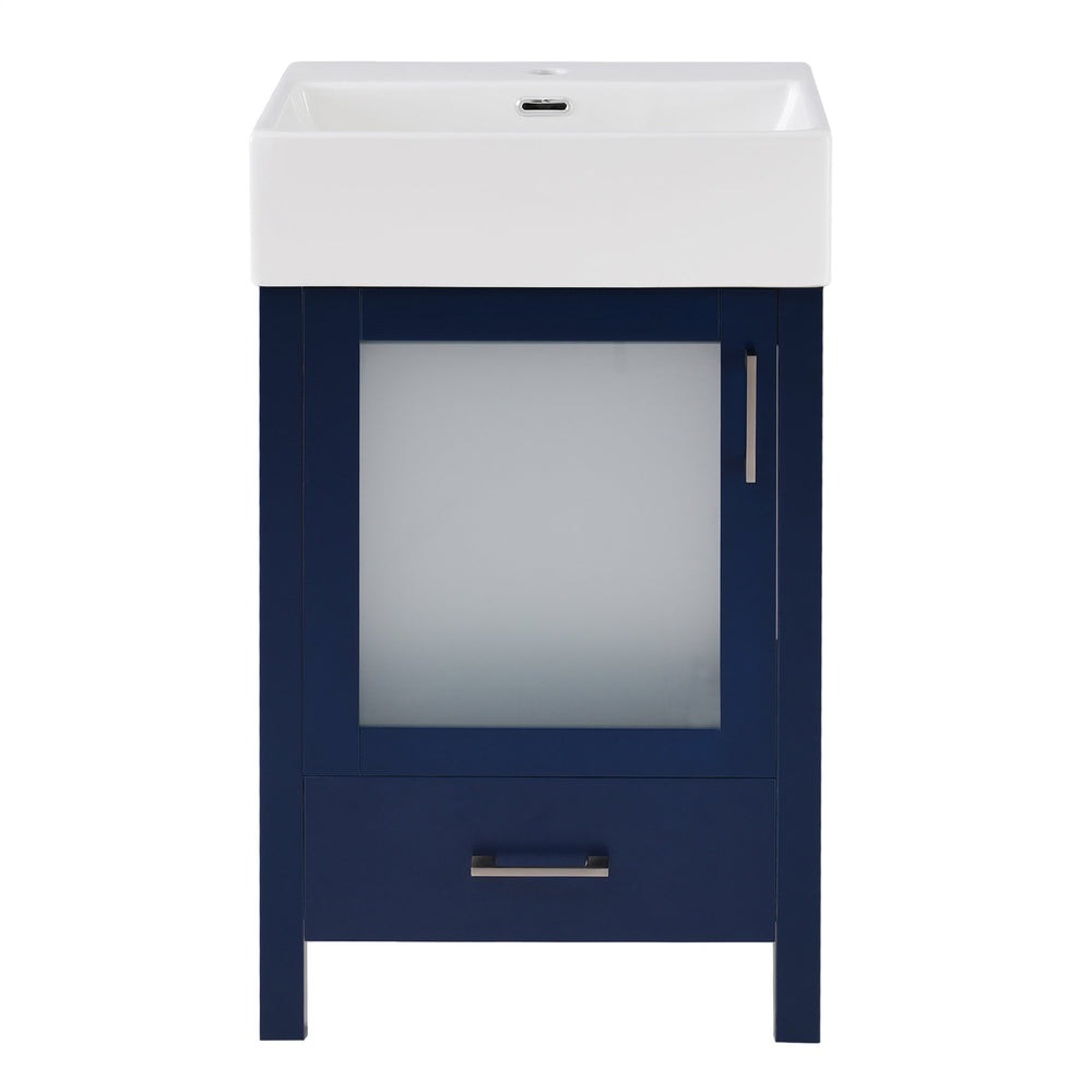 English Elm 20-Inch modern bathroom vanity with ceramic sink, soft-close door and ample storage for small spaces Blue WF324691AAC